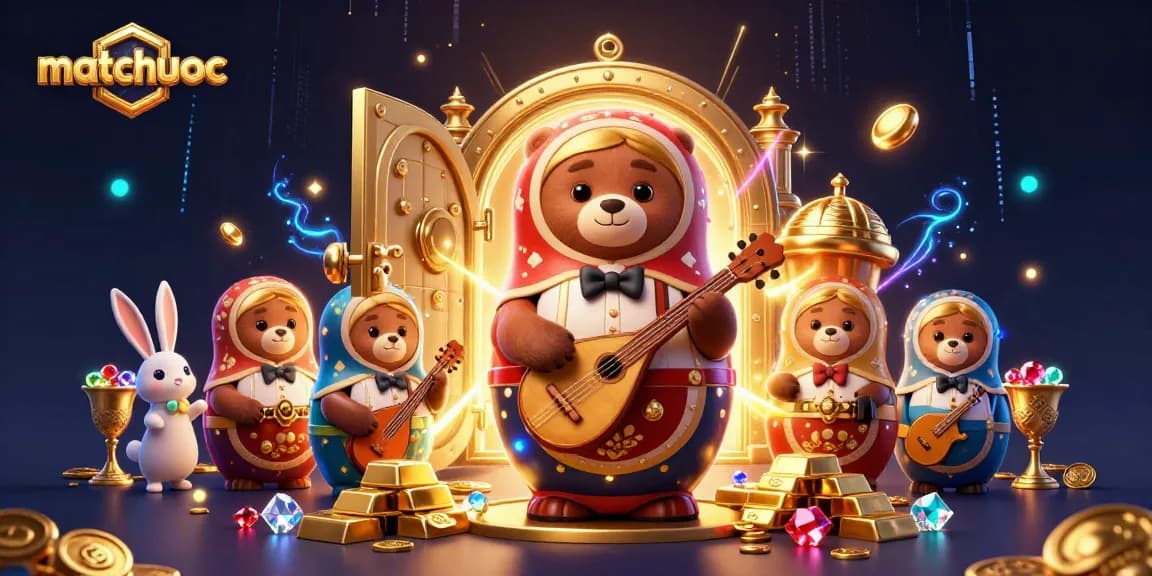 Experience exciting wins with matchuoc in this vibrant 3D casino illustration featuring dynamic characters and treasures.