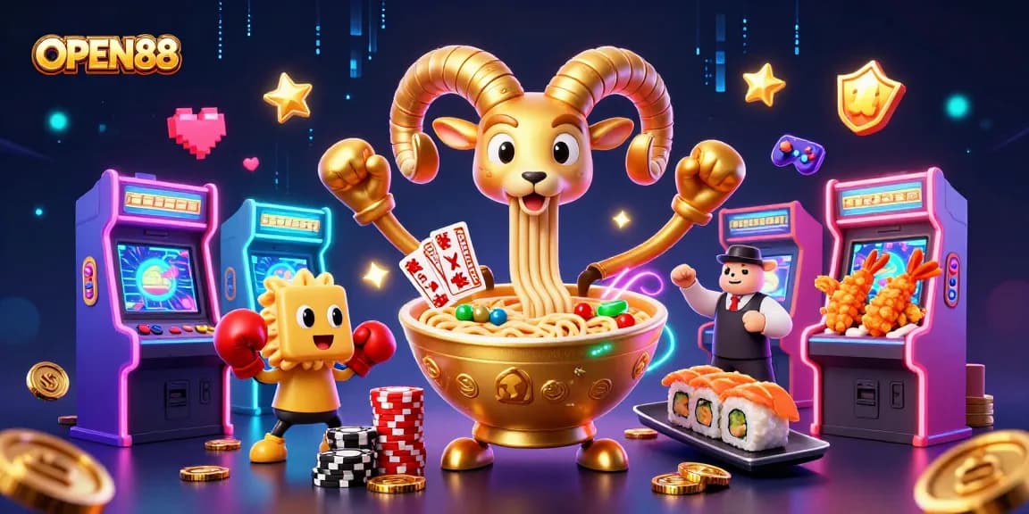 Showcase engaging casino action with OPEN88 featuring a vibrant ramen bowl character dealing cards and stacking chips.