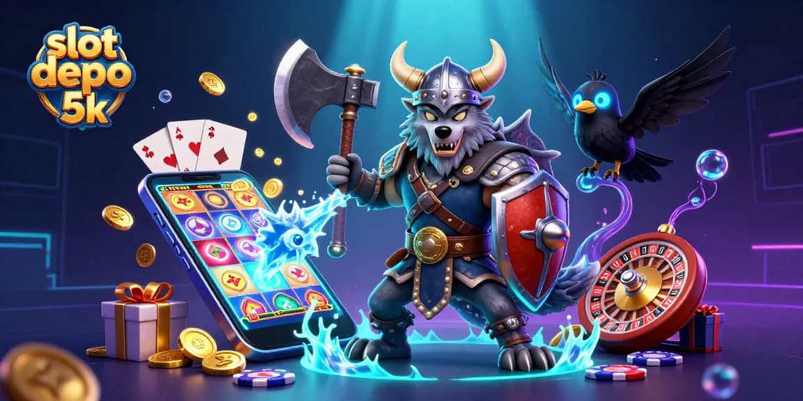 Spin and win with slot depo 5k, featuring a Viking warrior and magical creatures in a captivating casino scene.