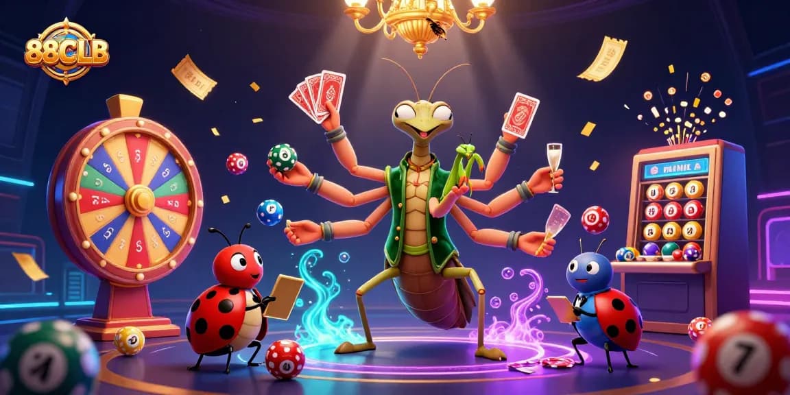 88CLB showcases a dynamic scene with a giant praying mantis card sharp and a ladybug pit boss surrounded by vibrant gaming elements.