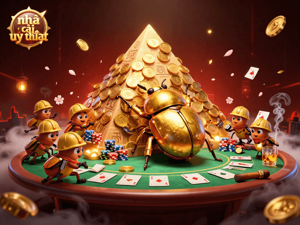 Spin for rewards at nhà cái uy tín with golden beetles and casino symbols in a vibrant scene