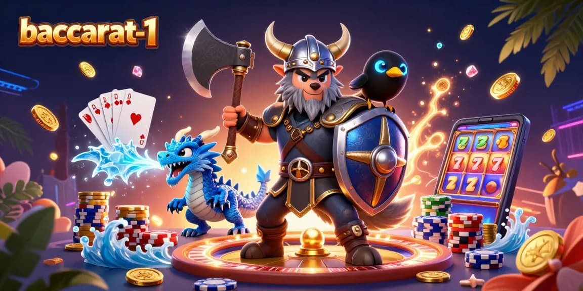 Engage with baccarat-1’s thrilling online gameplay featuring a Viking warrior, dragon, and dynamic casino elements.
