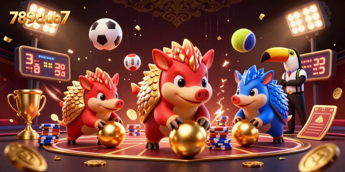 Join the excitement at 789club7 with dynamic pangolins bowling through poker chips amidst vibrant gold!