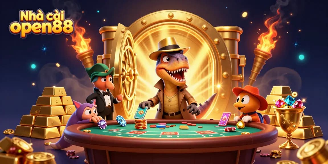 Engage with thrilling games at Nhà cái open88 as a cartoon velociraptor blends into the casino scene.