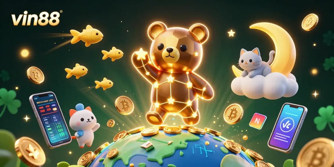 Experience vin88's vibrant casino scene with a quest for coins amidst crypto elements.
