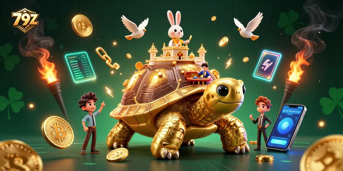 Engage with vibrant games at 79Z's dynamic casino world featuring a cheerful tortoise and rabbit dealer.