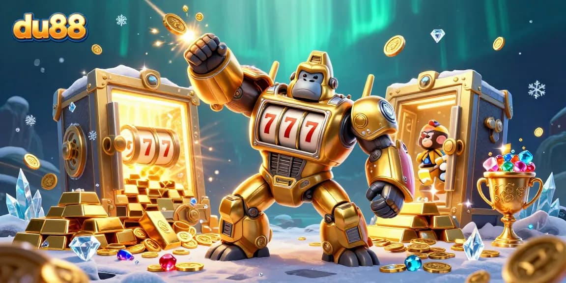 Experience the thrill of du88 with an action-packed casino scene featuring a golden gorilla mech!