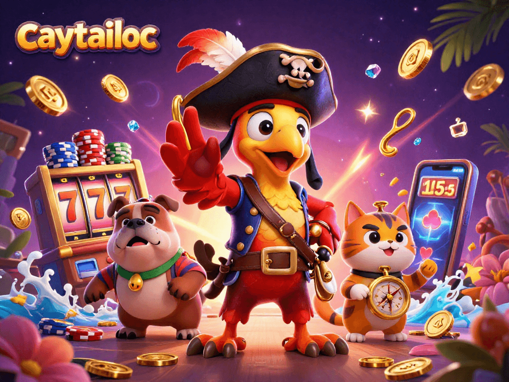 Engage in thrilling casino adventures with caytailoc featuring vibrant slot machines and energetic characters.
