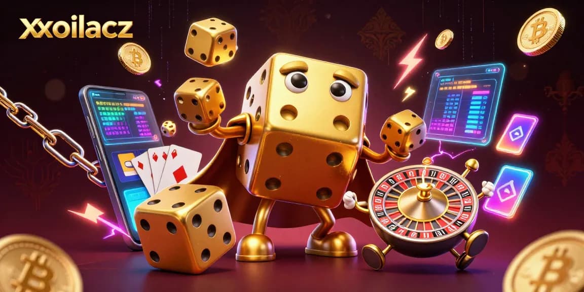Xoilacz offers exciting sports betting and casino insights with vibrant 3D illustration featuring golden dice and crypto elements.