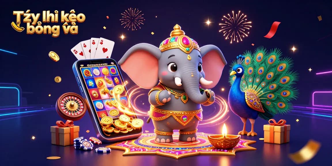 Tỷ lệ kèo bóng đá showcased in a vibrant 3D festive casino scene with a Diwali-themed elephant and peacock.