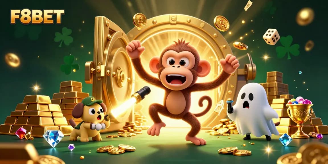 Experience thrilling gameplay at F8BET with a mischievous monkey juggling golden treasures in a dynamic casino.