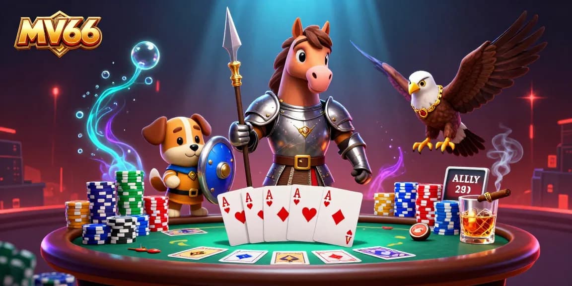 Join the MV66 gaming adventure with knights, poker, and vibrant casino elements.