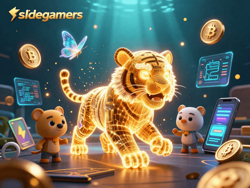 Experience the thrill with slidegamers in a dynamic casino scene filled with digital characters and cryptocurrency elements.