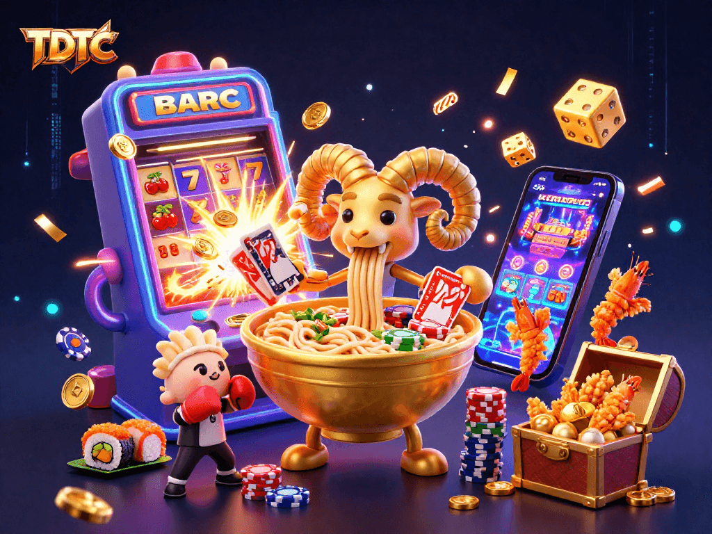 Experience excitement with TDTC as a giant ramen bowl dealer stacks chips amidst a jackpot explosion.