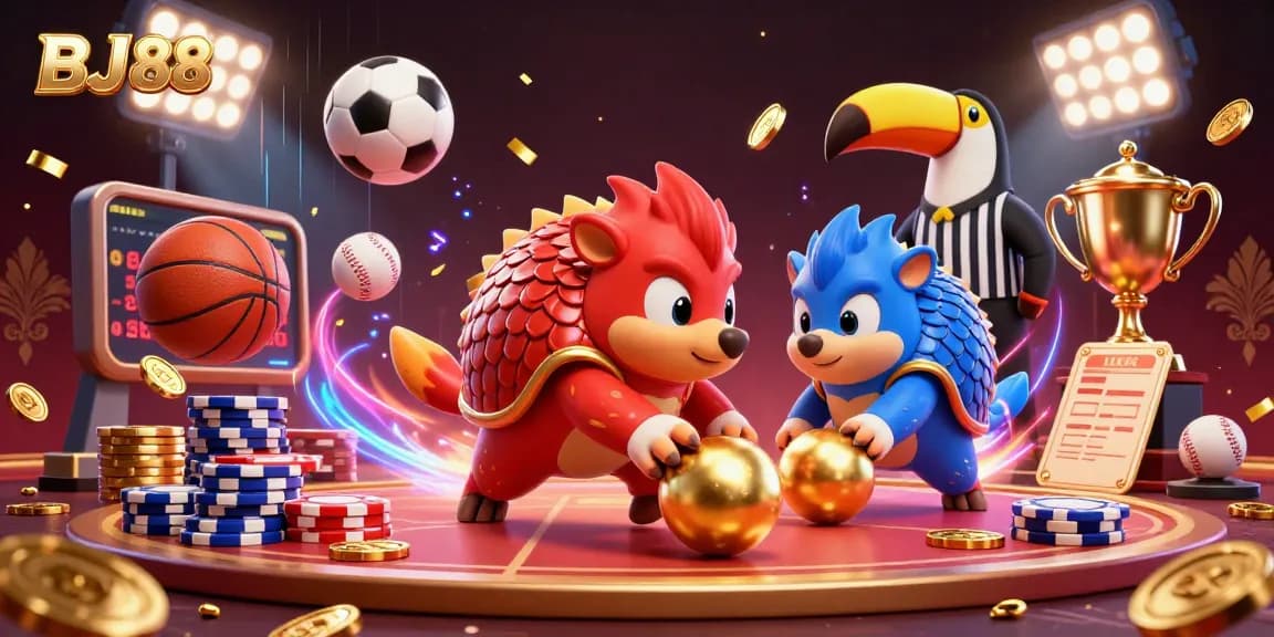 Experience the excitement with BJ88 as rival pangolins engage in a dynamic casino game, surrounded by vibrant betting elements.