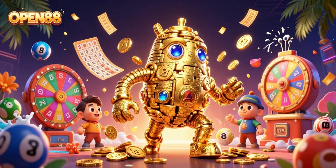 Engage with OPEN88's vibrant casino experience featuring a gold golem, colorful lotto balls, and prize elements.