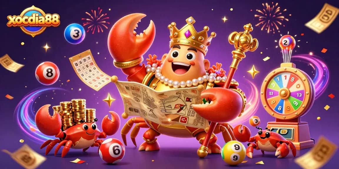 Engage with xocdia88's thrilling gaming experience, featuring the emperor crab amid a vibrant casino atmosphere.