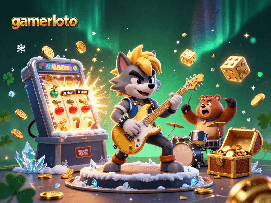 Experience the thrill of gamerloto with a vibrant casino stage featuring a rock star wolf and a drummer bear.