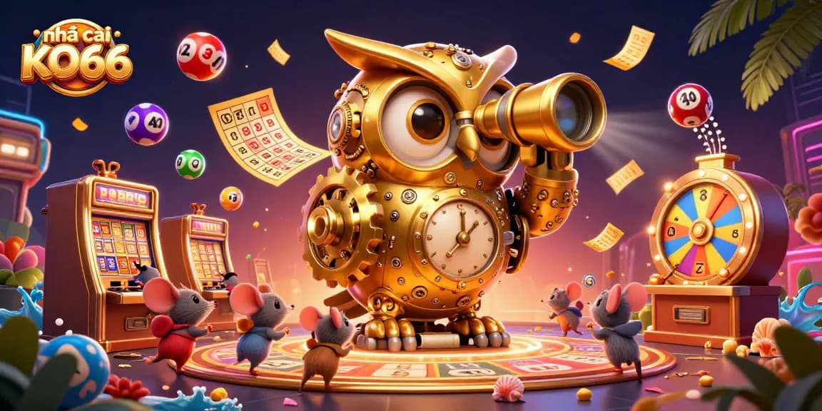 Engage with the thrilling excitement at nhà cái KO66, where a golden owl oversees a bustling casino scene.
