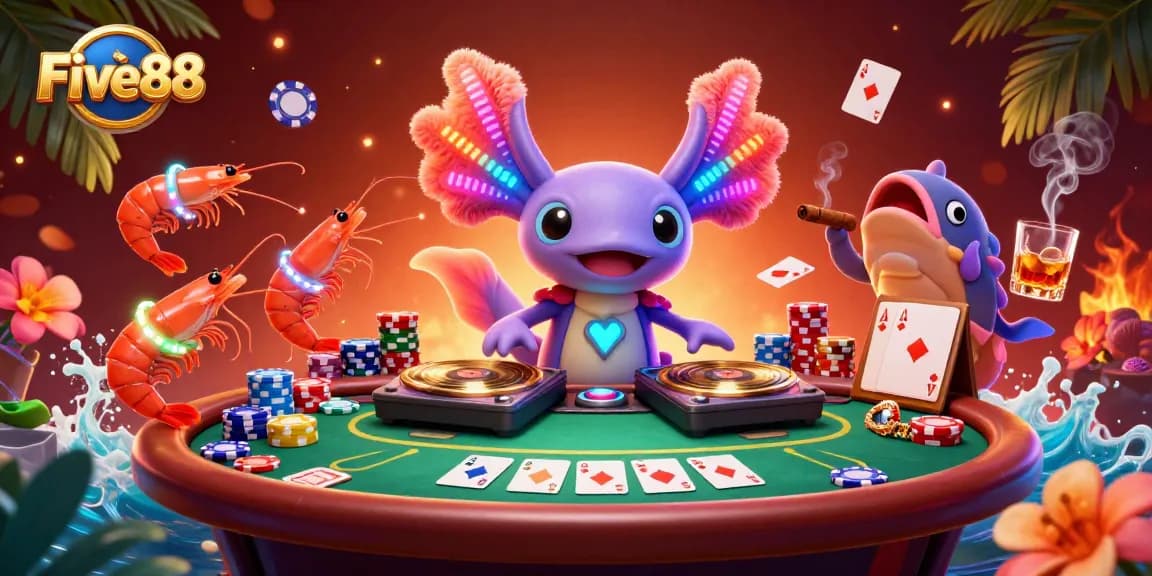 Experience Five88's lively casino vibe with a neon axolotl DJ spinning records amidst poker chips and spirited sea creatures.