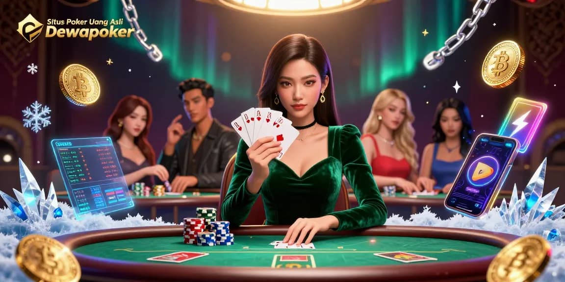 Situs Poker Uang Asli Dewapoker showcases a focused player at a luxury poker table, hands full of cards.