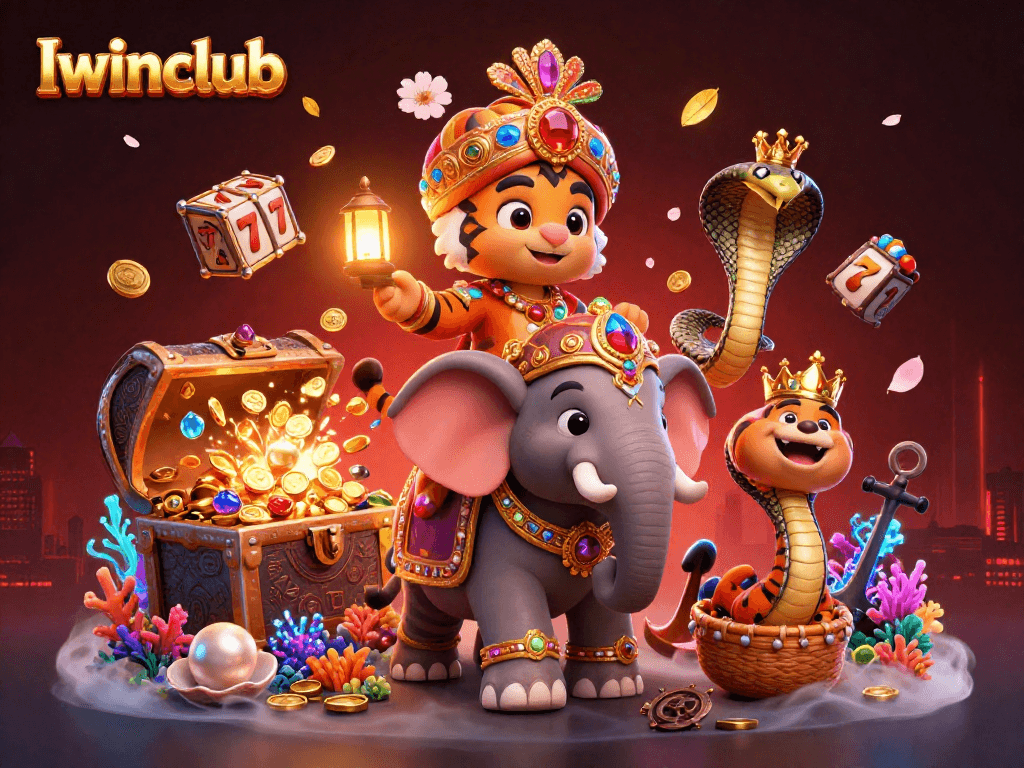 Iwinclub's vibrant casino scene featuring a maharaja tiger, elephant, and dynamic slot elements.