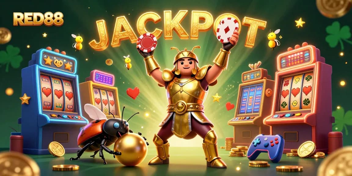 Players celebrate big wins at RED88 with 3D characters illustrating a vibrant casino scene of slots.