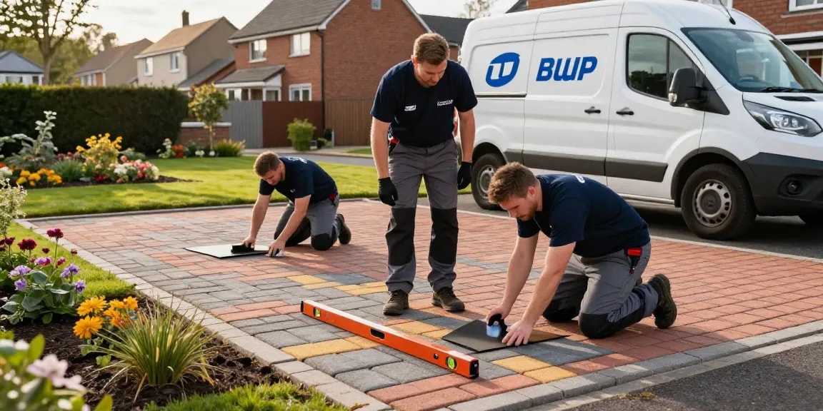 Professional driveway specialists laying block paving, invitingly showcasing their work for homeowners to visit their website.