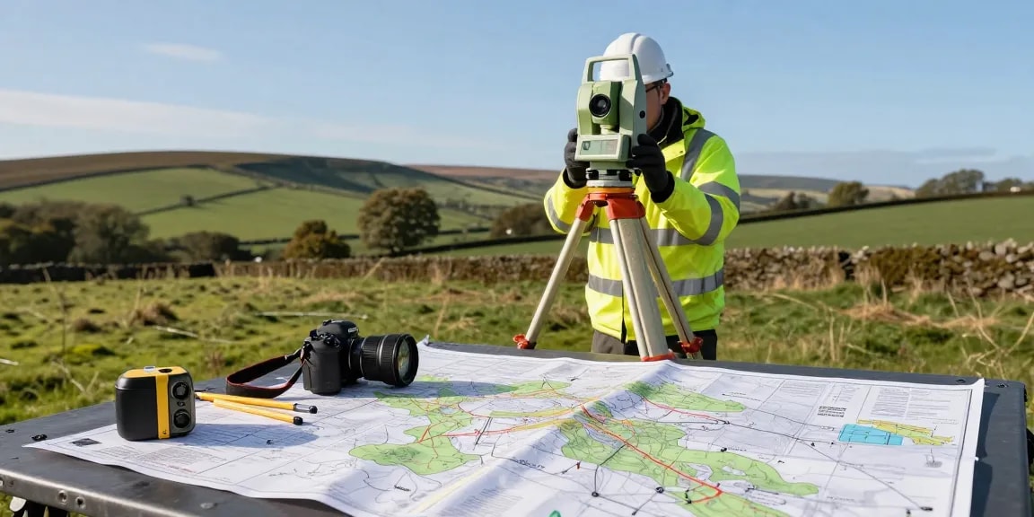 Topographic mapping in action as a surveyor captures land data with advanced equipment in the UK countryside.