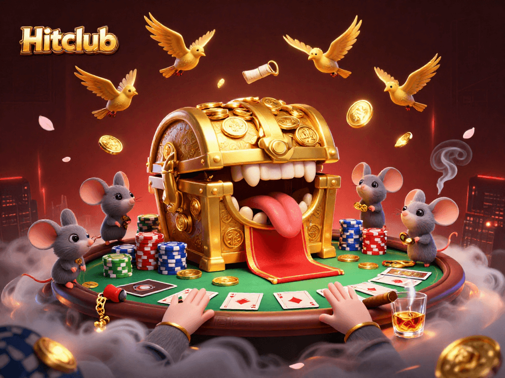 Engage with Hitclub's vibrant poker scene featuring a treasure chest and poker elements.