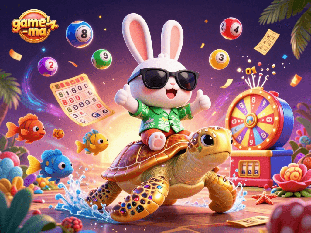Experience the excitement of game-la-ma with colorful lottery elements bursting around a lucky rabbit and turtle.
