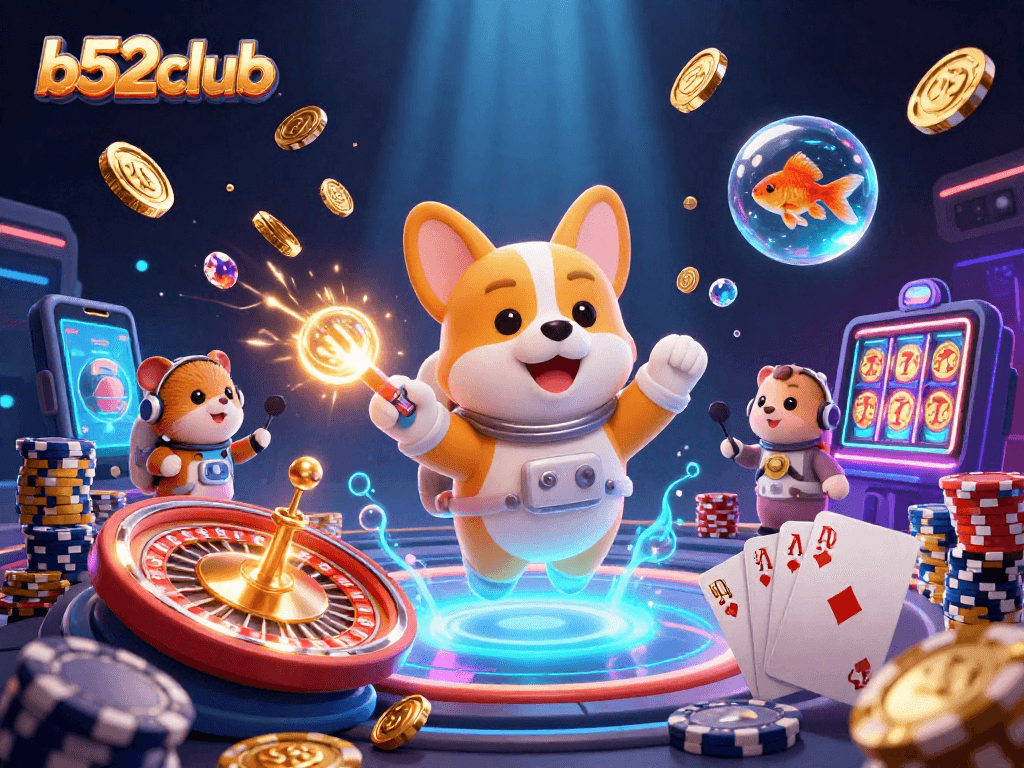 B52club casino action with a floating astronaut corgi, roulette wheel, and vibrant gems