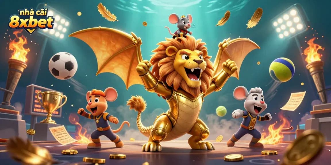 Experience the thrill of nhà cái 8xbet with a vibrant 3D casino adventure featuring a chimera and sports elements.
