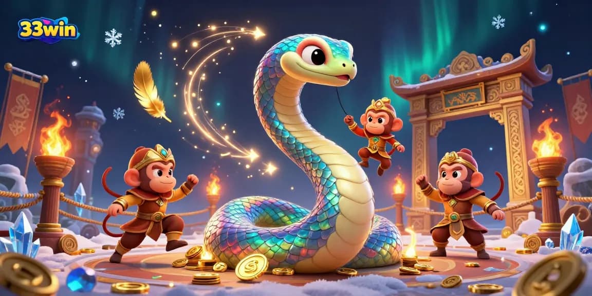 Bet on exciting games at 33win, featuring vibrant visuals of a rainbow serpent and golden monkey king.