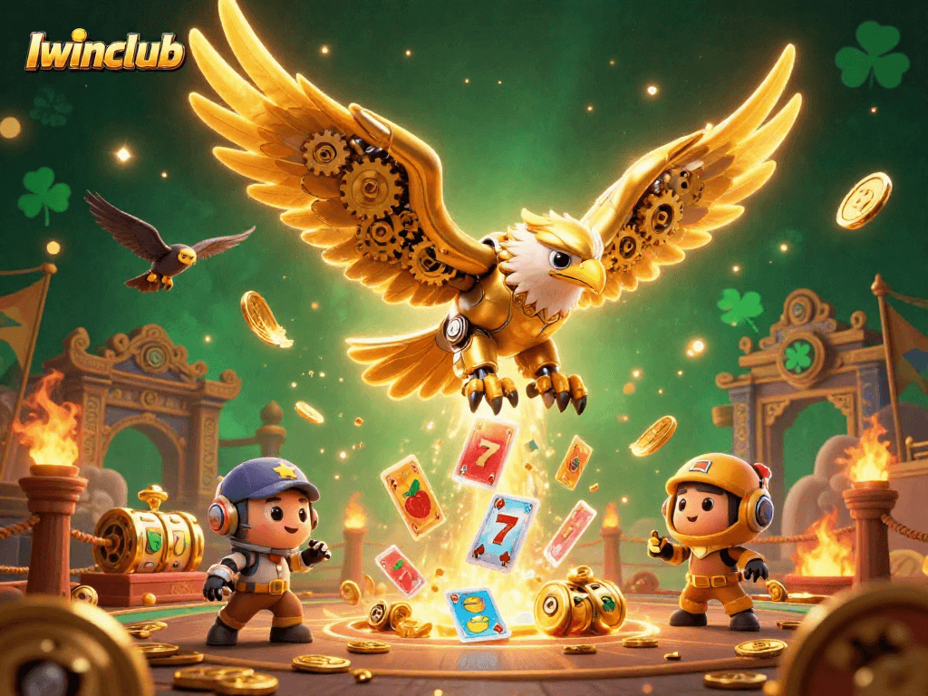 Iwinclub showcases a vibrant 3D golden eagle diving through playing cards, merging casino action with dynamic flair.