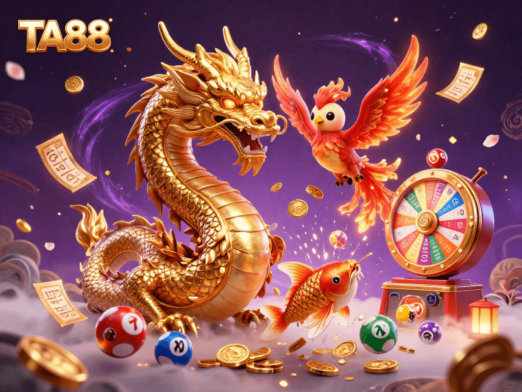 Experience excitement with TA88's vibrant 3D casino illustration featuring a dragon, phoenix, and koi fish.