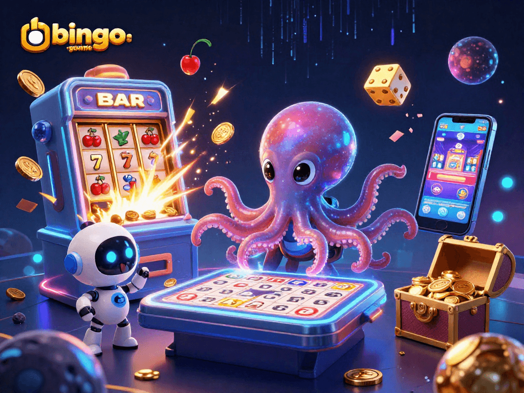 Bingo-game-online features a thrilling scene with an alien octopus and robot playing bingo in an exciting casino atmosphere.