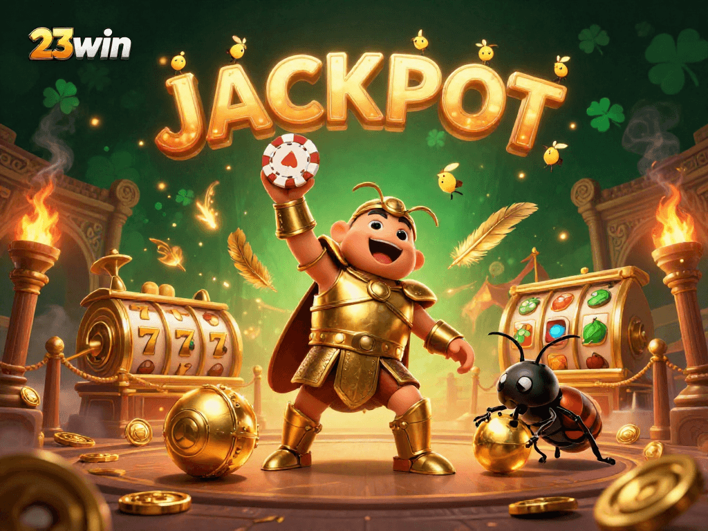 Experience the excitement of 23win's jackpot with a vibrant 3D illustration of a victorious beetle.