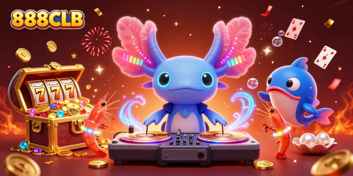 Experience thrilling fun with 888CLB as the neon axolotl DJ spins wild jackpots amidst vibrant underwater treasures.