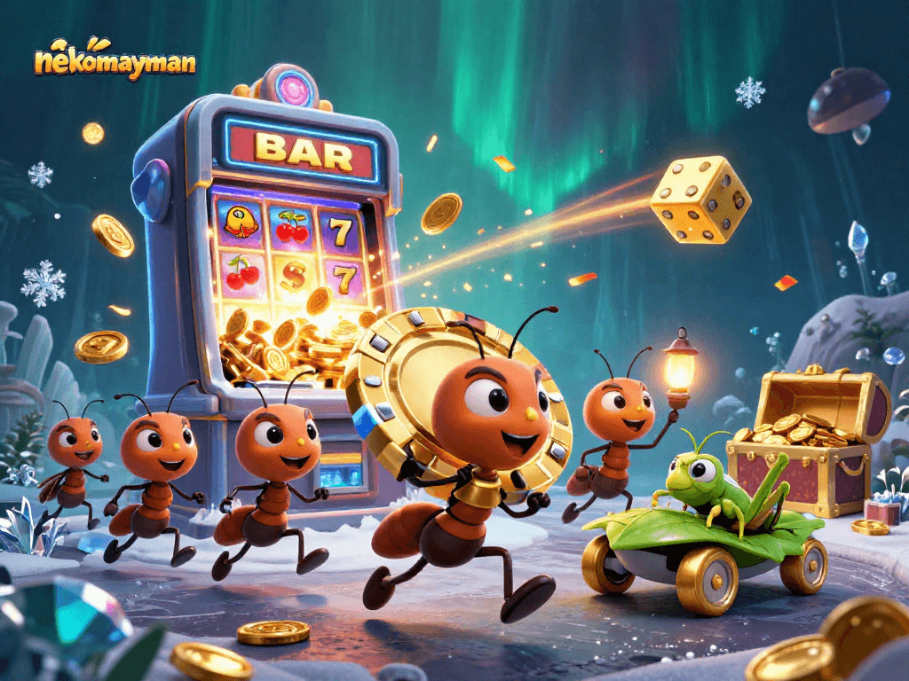 Experience Neko May Mắn excitement with a team of ants stealing a giant poker chip amid a thrilling casino scene.