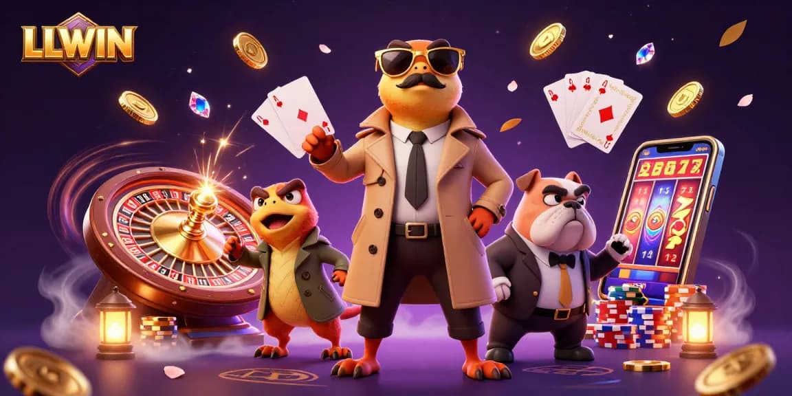 LLWIN raptors hilariously trying to enter a VIP casino lounge with golden coins and game elements surrounding them.