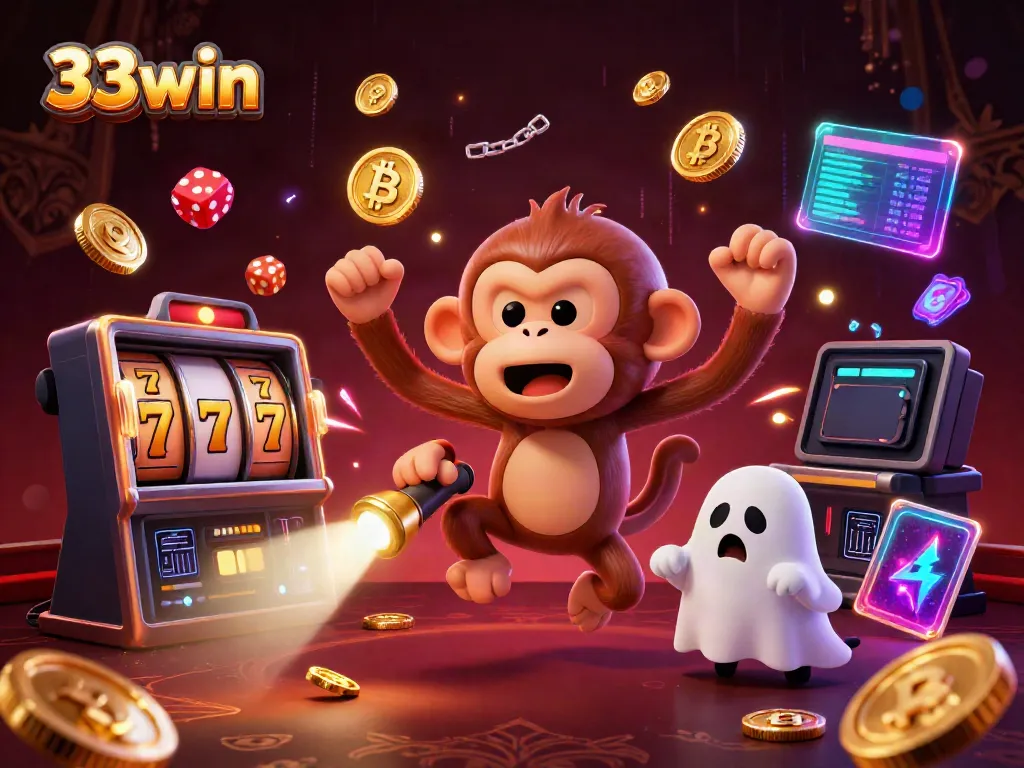 Engage with the 33win casino experience through a playful poltergeist monkey and a curious puppy.