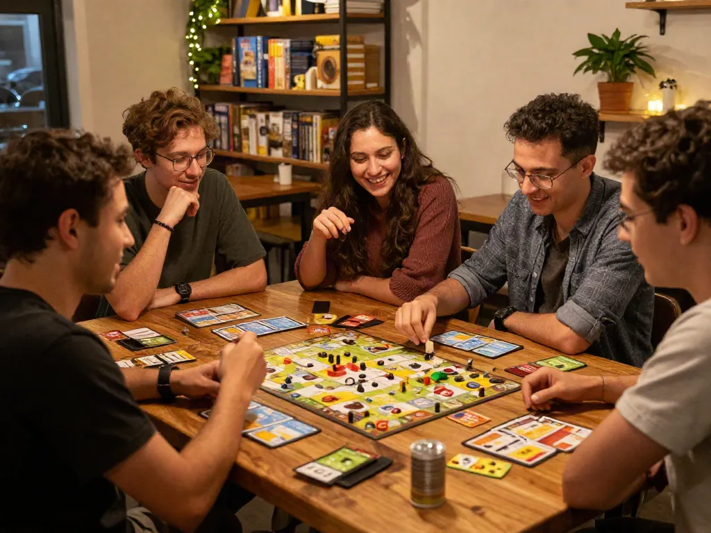 Friends playing at meeplehaus.net board game café, showcasing strategy games and engaging atmosphere.