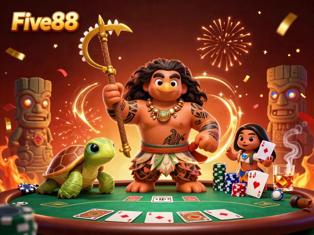 Win big at Five88 with vibrant 3D casino scene featuring a demigod hawk and poker elements.