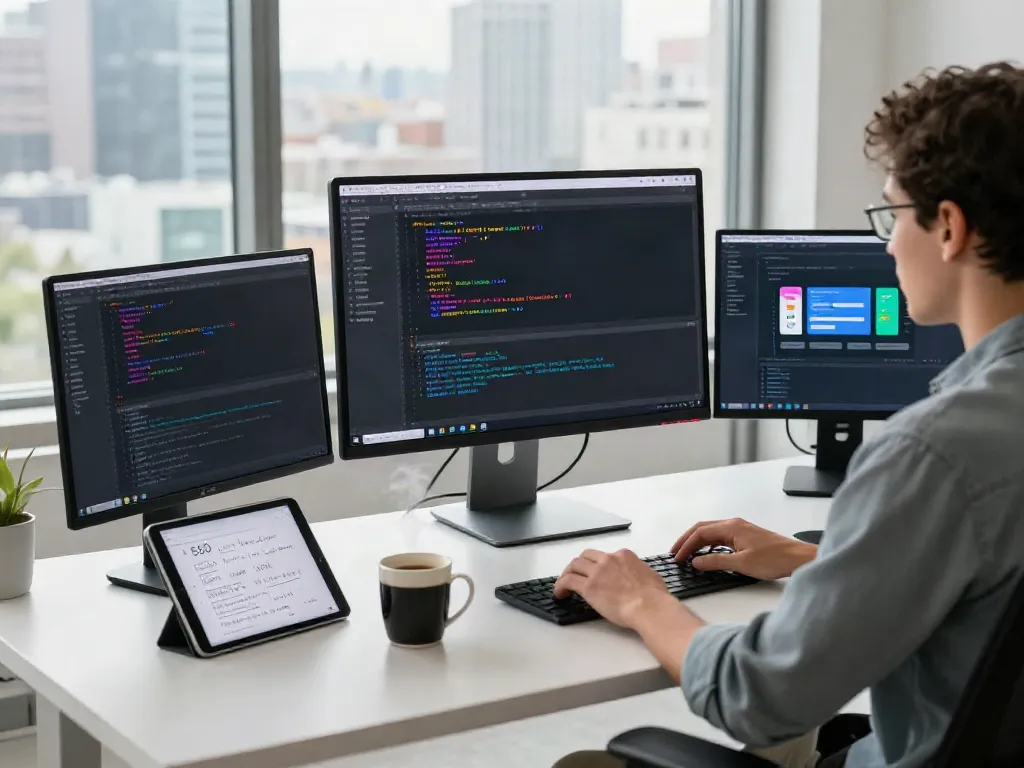 Web developer coding on instant indexing tools in a modern workspace