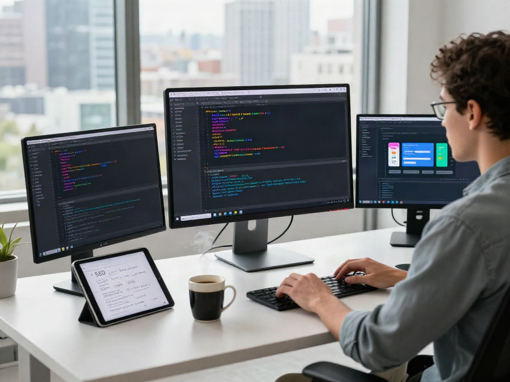 Web developer coding on instant indexing tools in a modern workspace