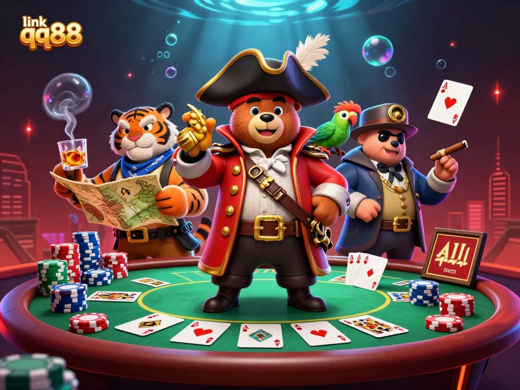 Engage in thrilling games with link qq88 featuring a cartoon pirate captain bear, a tiger, and a parrot at a dynamic poker table.