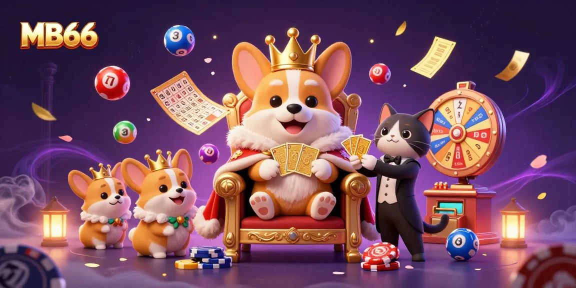 Experience excitement at MB66 with vibrant lottery balls, a royal corgi, and dynamic casino elements.
