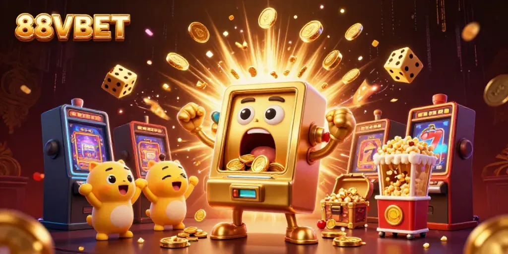 88VBET slots celebrate a jackpot win with animated characters and coins flying in a vibrant casino scene.