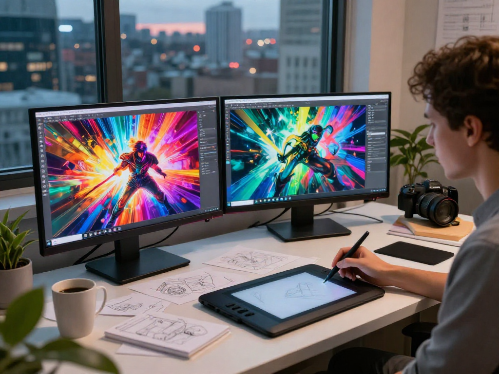 Artist creating vibrant NSFW AI art in a modern workspace with multiple screens.